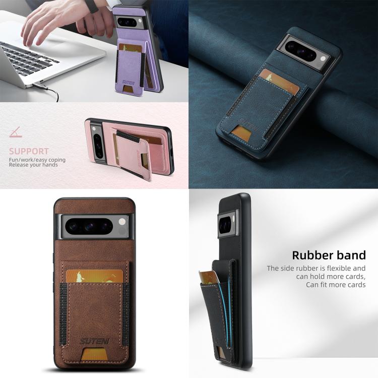 For Google Pixel 6 Pro Suteni H03 Litchi Leather Card Bag Stand Back Phone Case(Purple) by Suteni