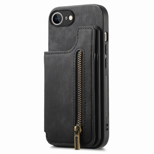 For iPhone 16e Retro Leather Zipper Wallet Back Phone Case(Black) by bashfashion