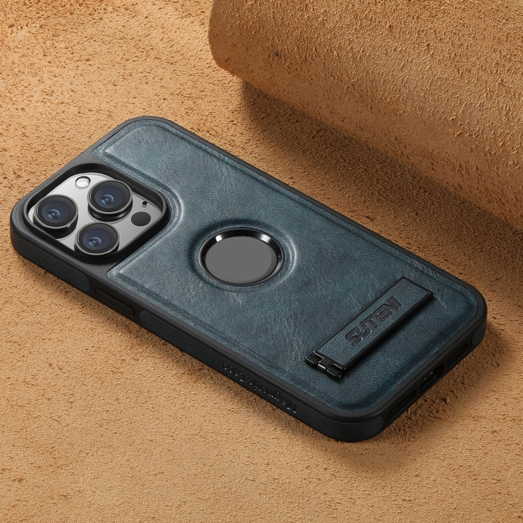 For iPhone 13 Suteni G2 Magsafe Oil Wax Leather Back Phone Case with Holder(Blue) by Suteni