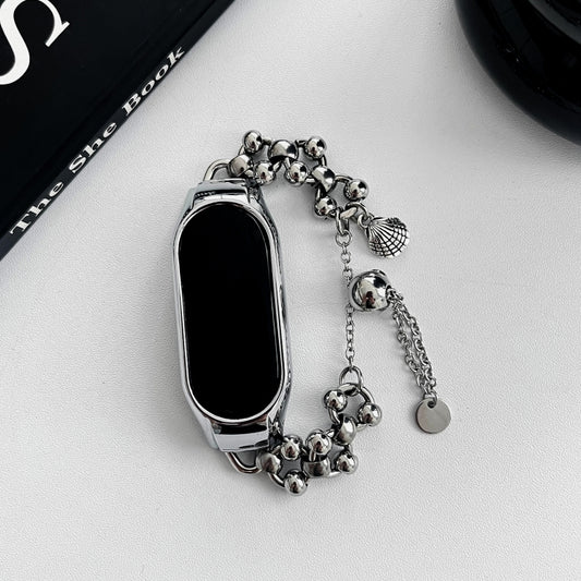 For Xiaomi Mi Band 7 Beaded Bracelet Metal Watch Band(Silver+Dual Bead) by bashfashion