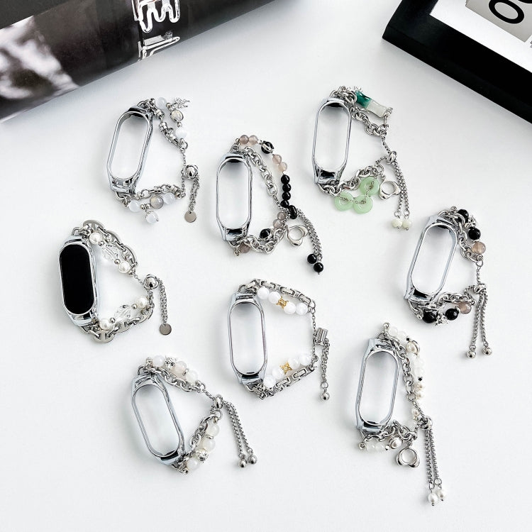 For Xiaomi Mi Band 5 / 6 Crystal Beaded Onyx Watch Band(Silver+Agate Bead) by bashfashion