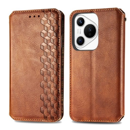 For Huawei Pura 70 Pro Cubic Grid Pressed Magnetic Leather Phone Case(Brown) by bashfashion
