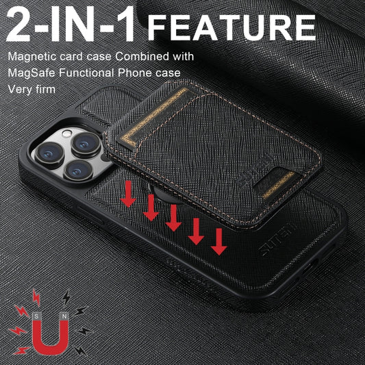 For iPhone 15 Plus Suteni M2 Cross-Grain MagSafe Vertical Card Back Phone Case(Black) by Suteni
