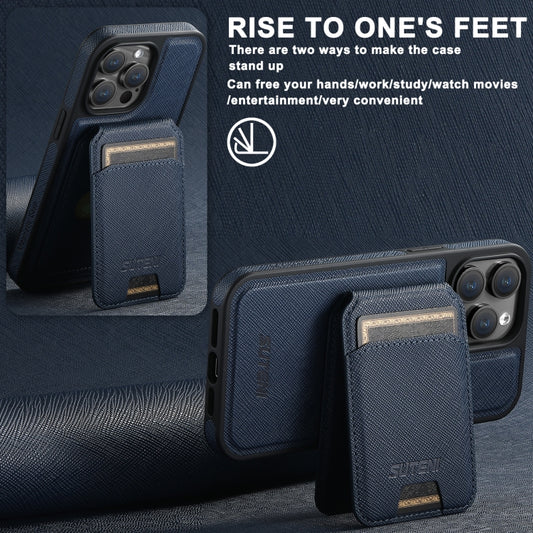 For iPhone 16 Plus Suteni M2 Cross-Grain MagSafe Vertical Card Back Phone Case(Blue) by Suteni