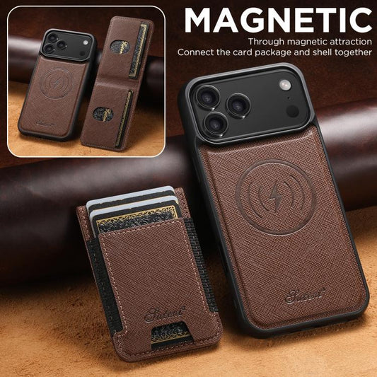 For iPhone 17 Pro Suteni H17 Cross Grain Leather MagSafe Detachable Wallet Phone Case(Brown) by Suteni
