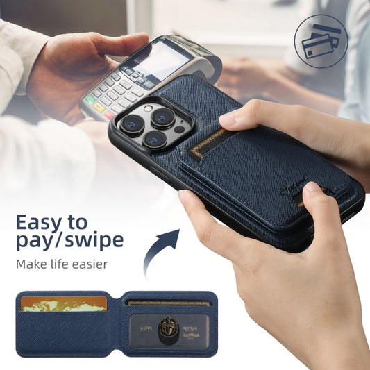 For iPhone 14 Plus Suteni H18 Cross Grain MagSafe Wallet Leather Phone Case(Blue) by Suteni