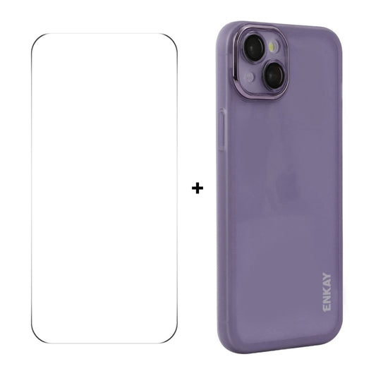For iPhone 15 ENKAY Hat-Prince Translucent Matte TPU Phone Case with Lens Film + 9H Big Arc Edge Film(White) by ENKAY