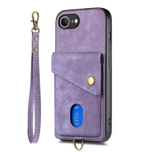 For iPhone 16e Retro Card Wallet Fold Leather Phone Case with Strap(Purple) by bashfashion