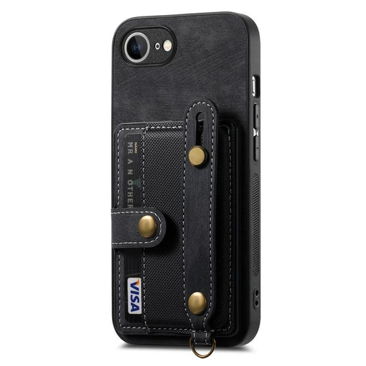 For iPhone 16e Retro Cross Wristband Wallet Leather Back Phone Case(Black) by bashfashion