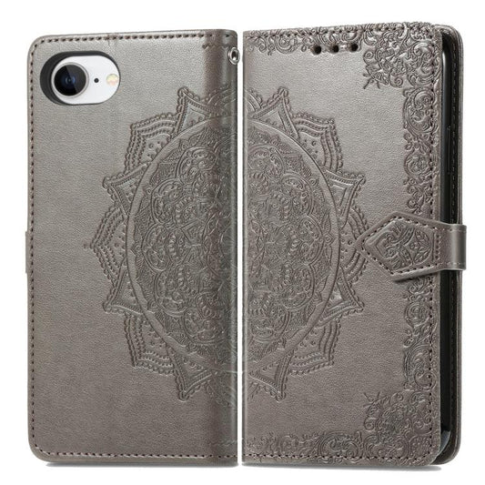 For iPhone 16e Mandala Flower Embossed Leather Phone Case(Gray) by bashfashion