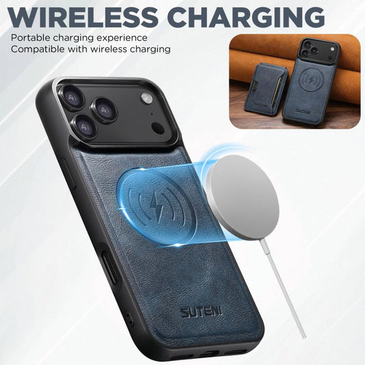 For iPhone 17 Pro Max Suteni M3 Card Bag MagSafe Cowhide Texture Leather Phone Case(Blue) by Suteni