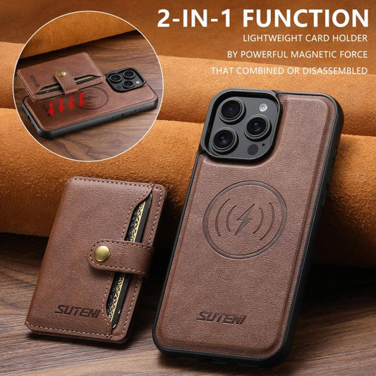 For iPhone 16 Suteni M4 Magnetic Card Bag MagSafe Leather Phone Case(Brown) by Suteni