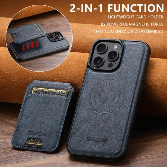 For iPhone 16 Pro Max Suteni M5 Magnetic Card Bag MagSafe Leather Phone Case(Blue) by Suteni