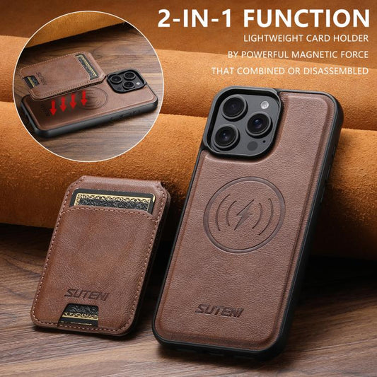 For iPhone 16 Suteni M5 Magnetic Card Bag MagSafe Leather Phone Case(Brown) by Suteni