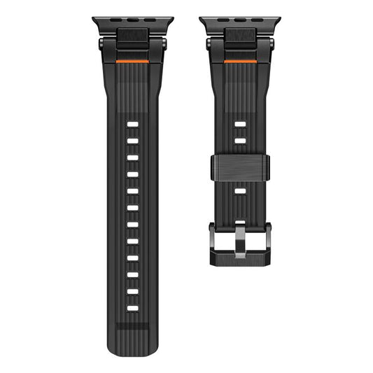For Apple Watch 46mm / 49mm / 45mm / 44mm Stainless Steel Connector Vertical Grain TPU Watch Band(Black) by bashfashion