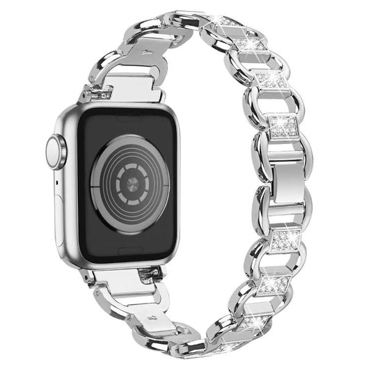 For Apple Watch 42mm / 41mm / 40mm / 38mm Oval Diamonds Steel Watch Band(Silver) by bashfashion