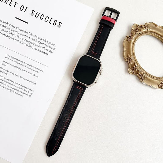 For Apple Watch 46mm / 49mm / 45mm / 44mm 7-Line Tri-Star Buckle Pull Up Leather Watch Band(Black Red Thread) by bashfashion