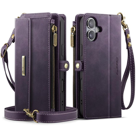 For iPhone 16 Plus CaseMe C39 RFID Blocking Zipper Wallet Leather Phone Case with Crossbody Strap(Purple) by CaseMe
