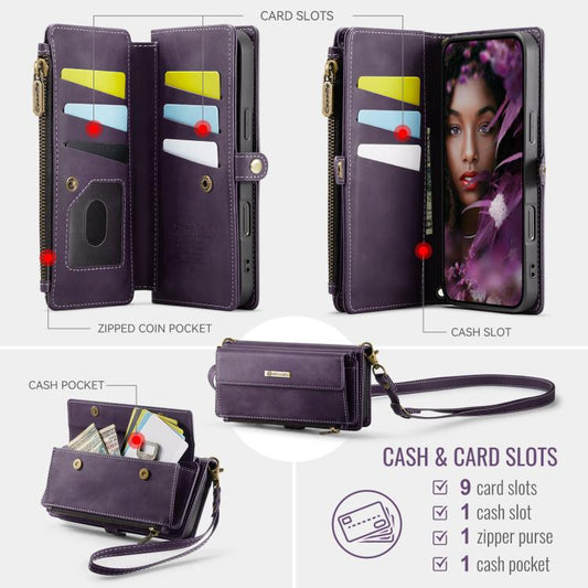 For iPhone 17 Pro Max CaseMe C39 RFID Blocking Zipper Wallet Leather Phone Case with Crossbody Strap(Purple) by CaseMe