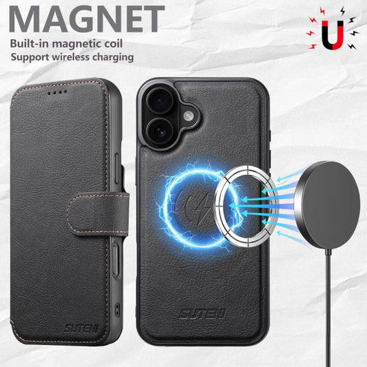 For iPhone 16 Suteni Q05 2-in-1 Multi-function MagSafe Wallet Litchi Leather Phone Case(Black) by Suteni