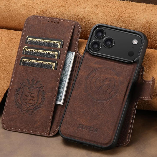 For iPhone 17 Pro Max Suteni Q05 2-in-1 Multi-function MagSafe Wallet Litchi Leather Phone Case(Brown) by Suteni