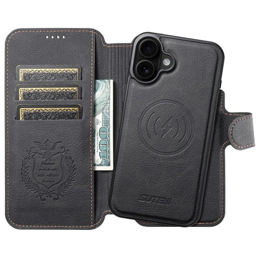 For iPhone 17 Suteni Q05 2-in-1 Multi-function MagSafe Wallet Litchi Leather Phone Case(Black) by Suteni