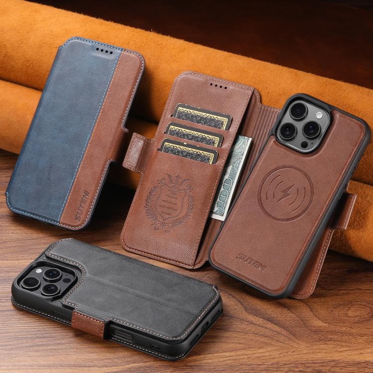 For iPhone 17 Suteni Q07 2-in-1 Multi-function Detachable Wallet MagSafe Phone Case(Brown) by Suteni