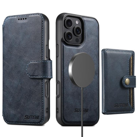For iPhone 16 Suteni Q05S1 3-in-1 Detachable Wallet MagSafe Leather Phone Case(Blue) by Suteni