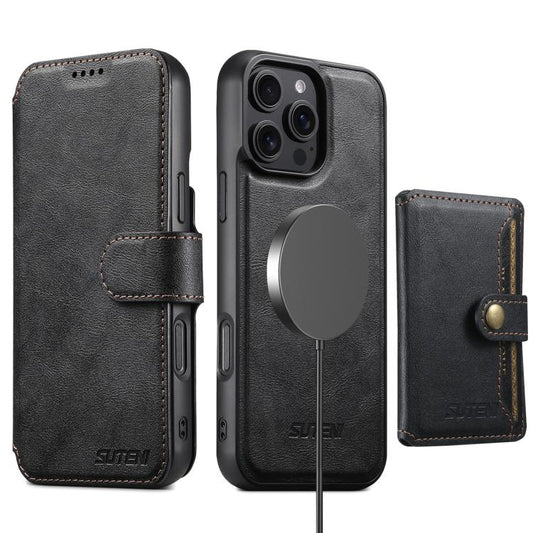 For iPhone 16 Pro Max Suteni Q05S1 3-in-1 Detachable Wallet MagSafe Leather Phone Case(Black) by Suteni