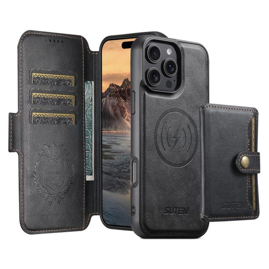 For iPhone 16 Plus Suteni Q07S1 3-in-1 Detachable Wallet MagSafe Splicing Leather Phone Case(Black) by Suteni