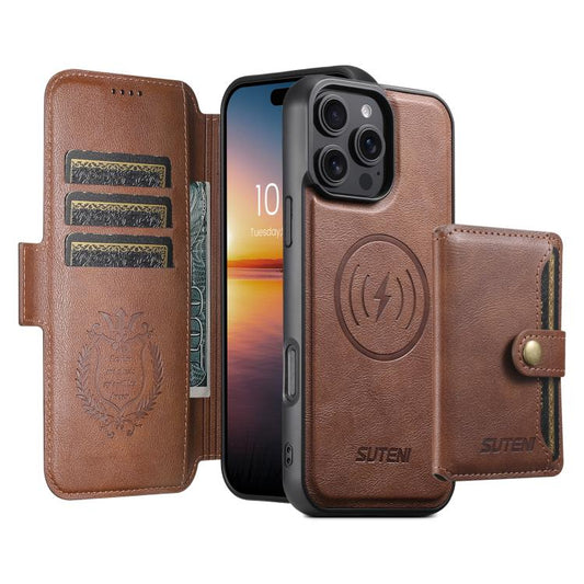For iPhone 16 Suteni Q07S1 3-in-1 Detachable Wallet MagSafe Splicing Leather Phone Case(Brown) by Suteni
