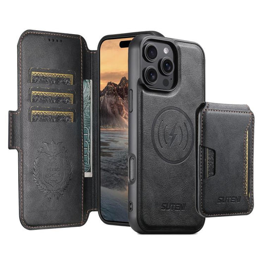 For iPhone 16 Pro Max Suteni Q06S3 3-in-1 Splicing Detachable Vertical Flip Wallet MagSafe Leather Phone Case(Black) by Suteni