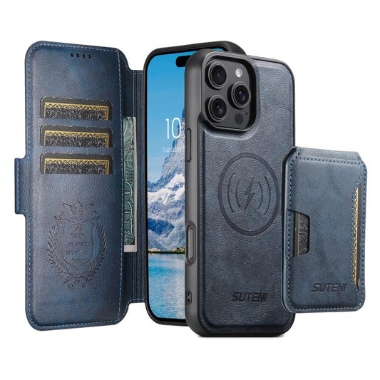 For iPhone 16 Plus Suteni Q06S3 3-in-1 Splicing Detachable Vertical Flip Wallet MagSafe Leather Phone Case(Blue) by Suteni