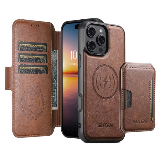 For iPhone 16 Suteni Q06S3 3-in-1 Splicing Detachable Vertical Flip Wallet MagSafe Leather Phone Case(Brown) by Suteni