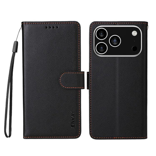 For iPhone 17 Pro ENKAY RFID Blocking Wallet Kickstand Litchi Texture Leather Phone Case(Black) by ENKAY