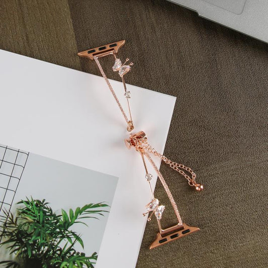 For Apple Watch 42mm / 41mm / 40mm / 38mm Copper-Inlaid Butterfly Zircon Bracelet Watch Band(Rose Gold) by bashfashion