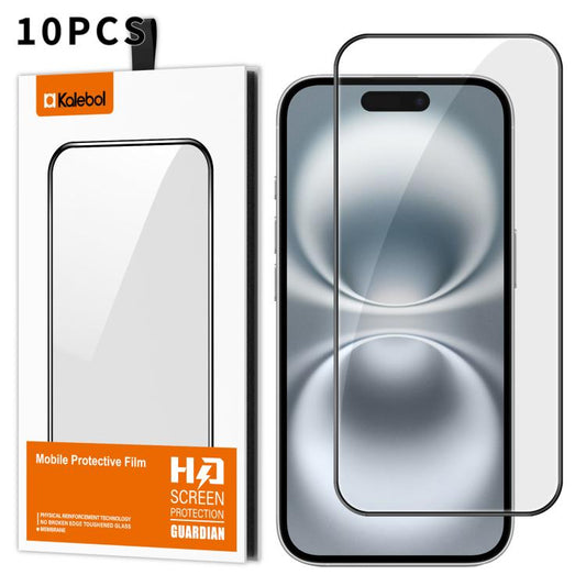 For iPhone 16 10pcs Kalebol High-Aluminum Screen-Printed Full-Coverage Anti-Fingerprint Black-Bordered HD Tempered Glass Film by Kalebol