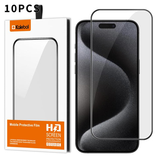 For iPhone 15 Pro 10pcs Kalebol High-Aluminum Screen-Printed Full-Coverage Anti-Fingerprint Black-Bordered HD Tempered Glass Film by Kalebol
