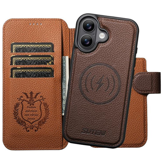 For iPhone 17 Suteni Q05 -in-1 Multi-function MagSafe Wallet Big Litchi Leather Phone Case(Brown) by Suteni