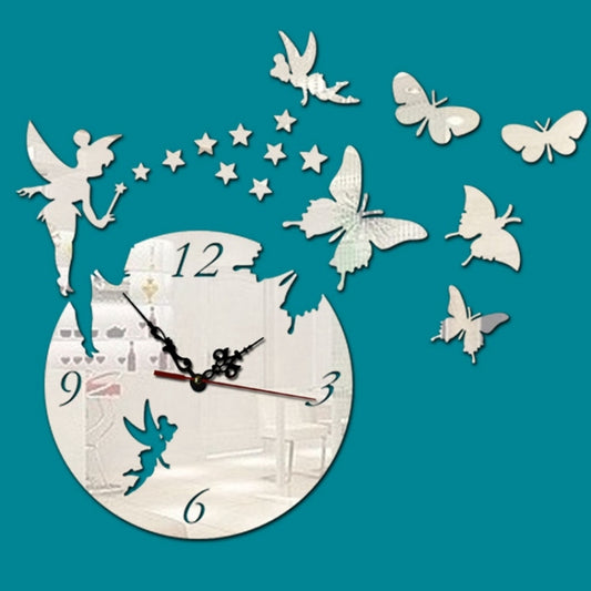 Butterfly Star 3D Acrylic Stereo Living Room Bedroom Decorating Mirror Wall Clock(Silver) by bashfashion