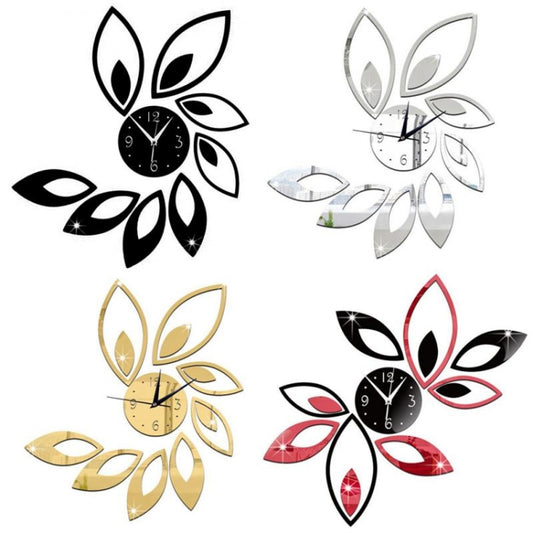 Flower Art Modern Design DIY Removable 3D Crystal Mirror Wall Clock Wall Sticker Living Room Bedroom Decor(Red+Black) by bashfashion