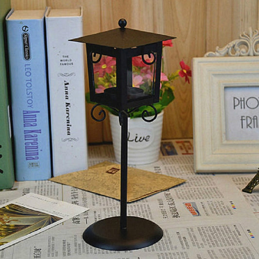 Glass Retro Wrought Iron Street Lamp Candle Holder Home Wedding Decoration(Black) by bashfashion