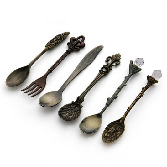 6pcs / Set Vintage Mini Coffee Spoons Suit Royal Style Metal Carved Coffee Fruit Cutler Dessert Flatware Kitchen Tools Antique Bronze(With Red Fork) by bashfashion