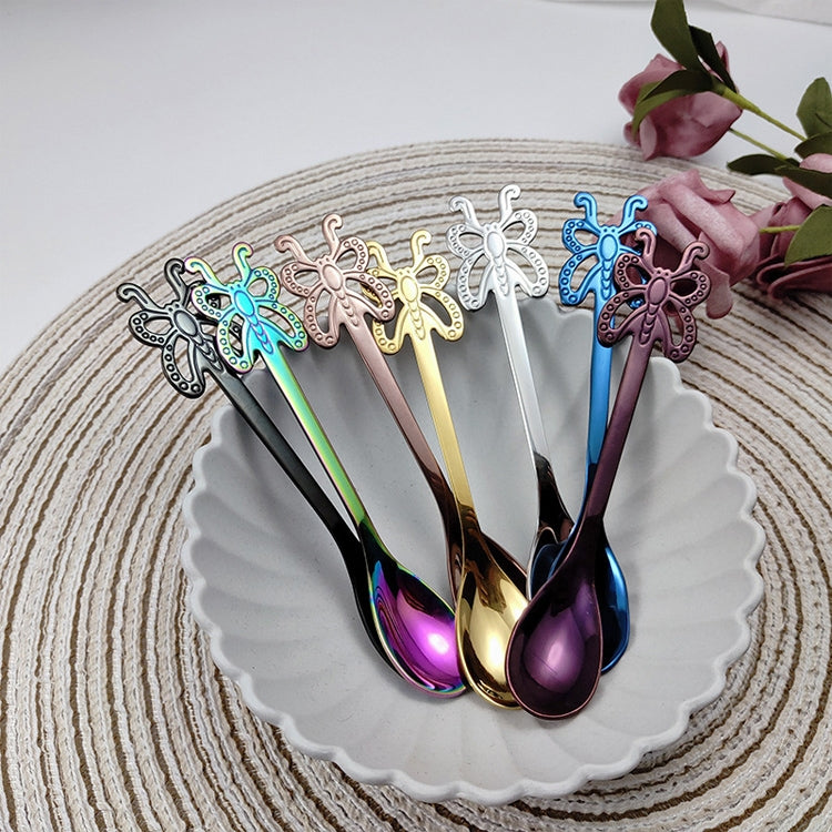 Multicolor Stainless Steel Butterfly Coffee Spoon Fruit Cold Drink Ice Cream Dessert Tea Spoon, Color:Rainbow by bashfashion
