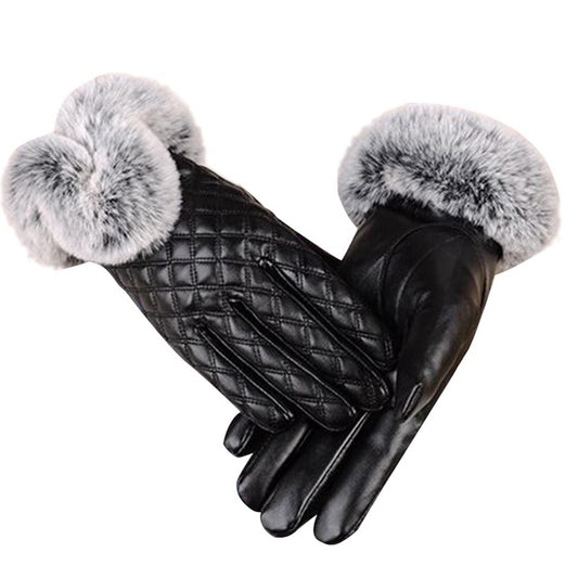 Women PU Leather Gloves Imitated Rabbit Fur Thick Warm Winter and Autumn Female Gloves(Black) by bashfashion