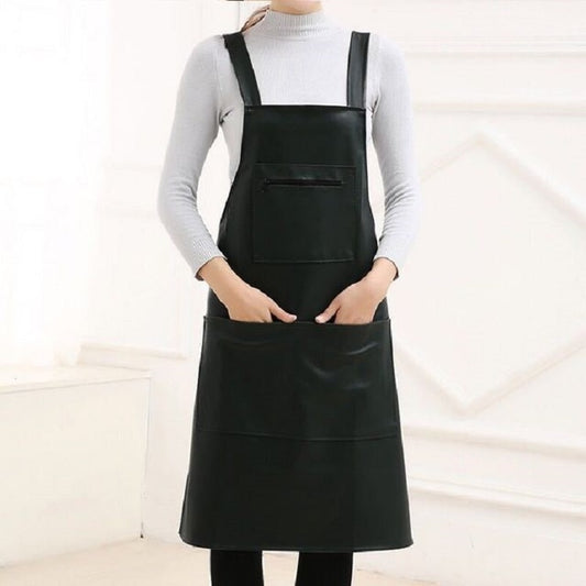 Waterproof Oil Proof Soft Leather Thick Wear-resistant Men and Women Overalls Apron(Black) by bashfashion