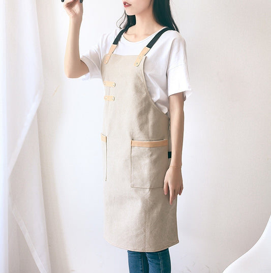 Washed Canvas Apron Chef Cafe Shop BBQ Hairdresser Aprons(Khaki) by bashfashion