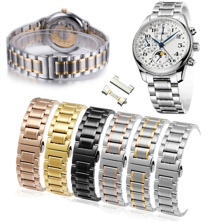 24mm Steel Bracelet Butterfly Buckle Five Beads Unisex Stainless Steel Solid Watch Strap, Color:Intermediate Gold by bashfashion