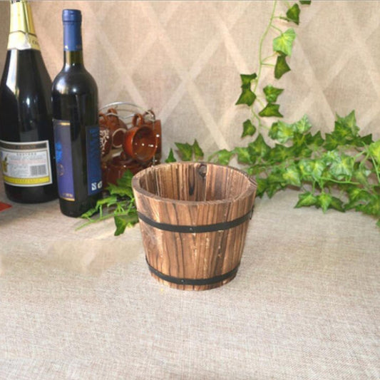 Balcony Vegetable Succulent Carbonized Wood Flower Pot Retro Small Wooden Bucket Home Decoration, Size:M, Style:Flat Mouth by bashfashion