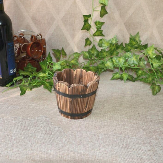 Balcony Vegetable Succulent Carbonized Wood Flower Pot Retro Small Wooden Bucket Home Decoration, Size:S, Style:Wave Mouth by bashfashion